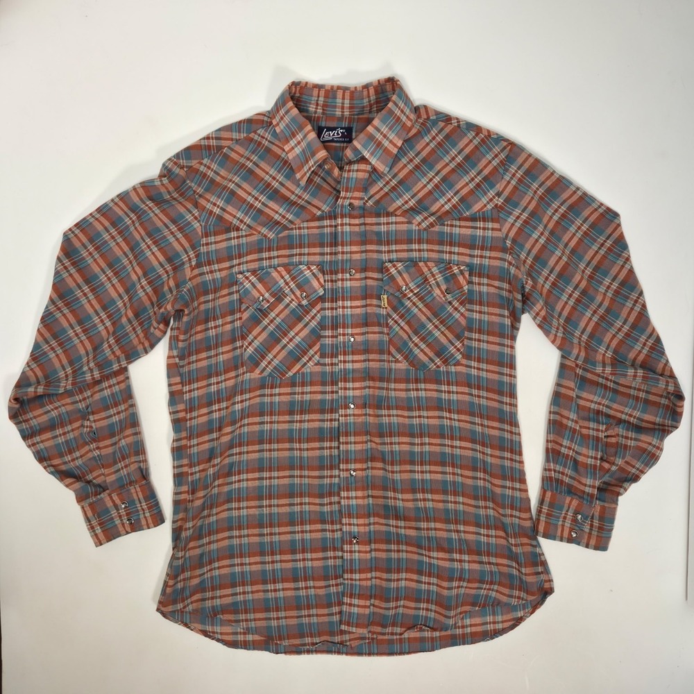 VTG Levis Tapered 70s Plaid Pearl Snap Saw Tooth Pocket Long Sleeve Mens L Shirt